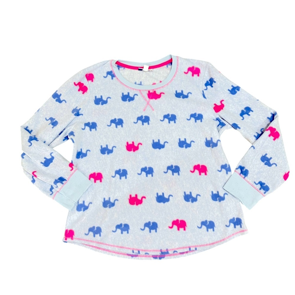 Roudelain elephant Print fleece Pajama coordinated Set pink/ blue size large - Picture 3 of 6